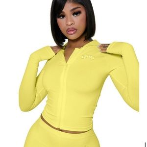 Two piece vibrant yellow, would be nice for yoga or running errands.